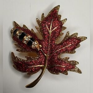 Glitter Maple Leaf Caterpillar Gold Toned Vintage‎ Brooch Pin